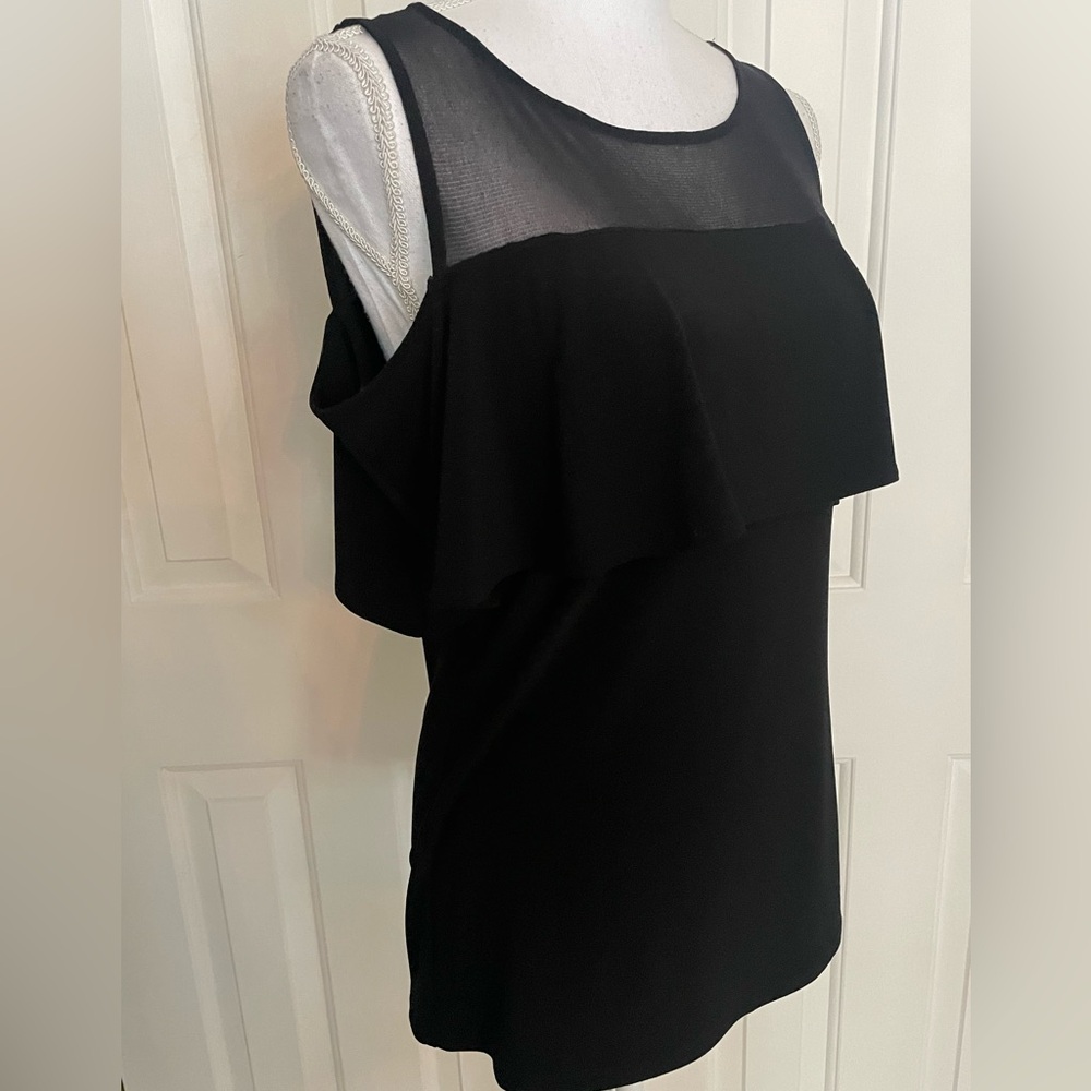 INC Top Sheer Neckline Ruffle Cap Top Portion Sleeveless Deep Black NEW Medium